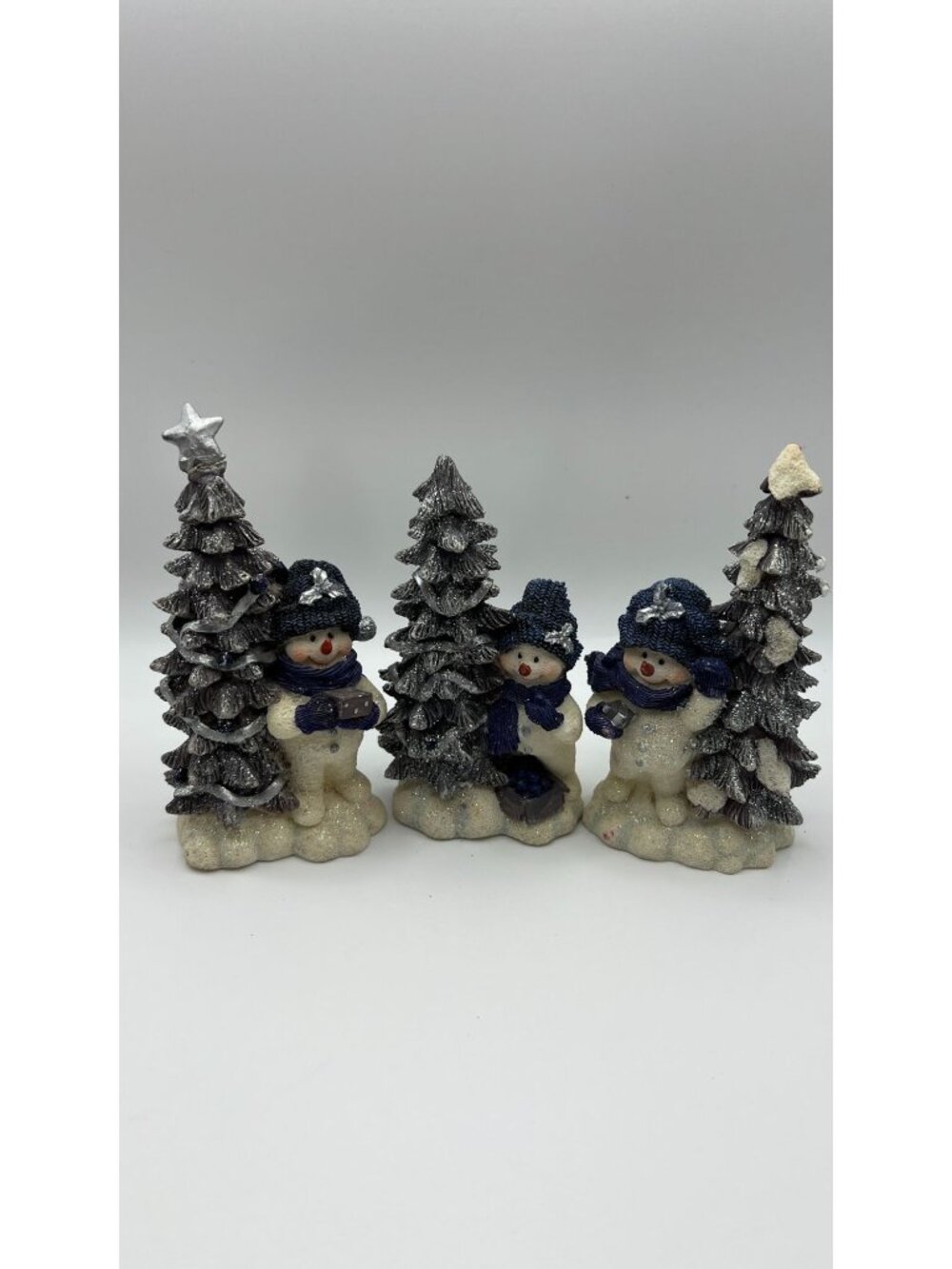 Home Interiors Christmas Snowman Figurines Set Of 3 With Glittery Trees & Blue H